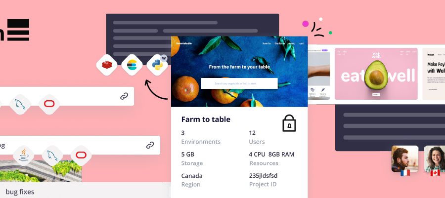 Platform.sh marketing illustration, a collage of stylized website elements interspersed with branch and deployment references