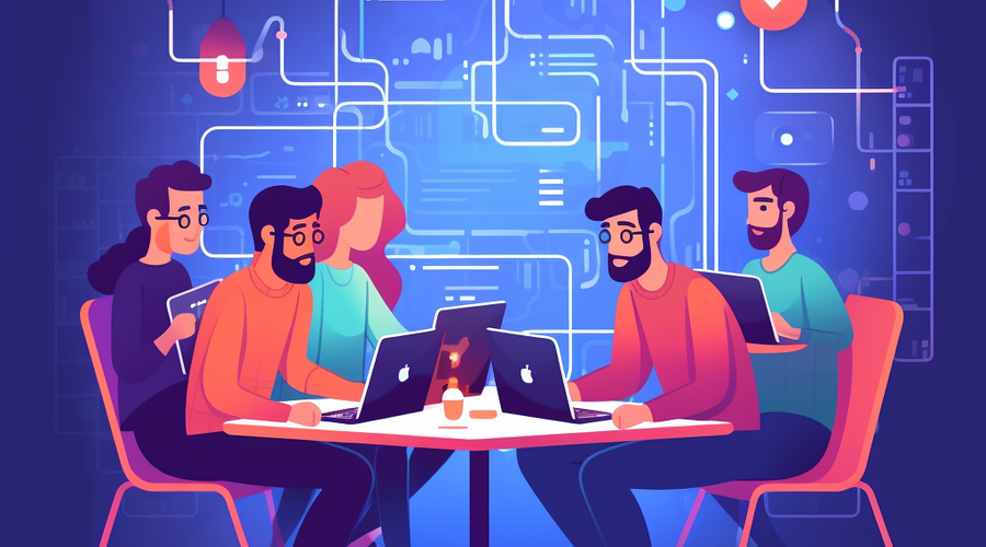 Image of a team of web developers working together at a table and delighting in the project they have in front of them