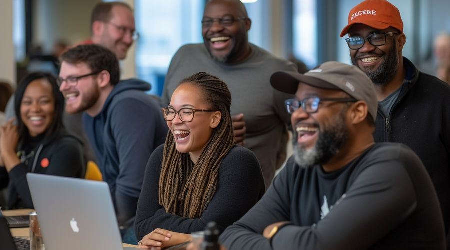 Image of a diverse group of maintainers sitting at a table maintaining DDEV